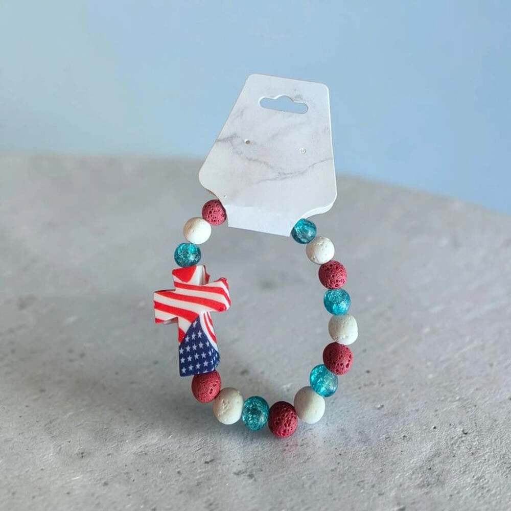 American Flag Cross Red White Blue Lava Stone Bracelet